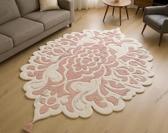 Pink White Floral Wool Rug, Hand Tufted Botanical Accent Carpet 5x7