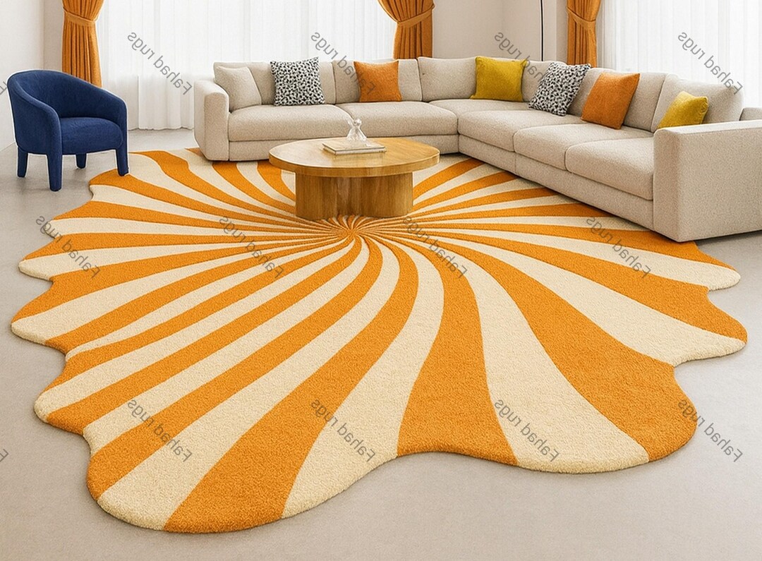Hand-tufted Wool Rug, Sunburst Swirl, Orange and Cream, Irregular Wave ...