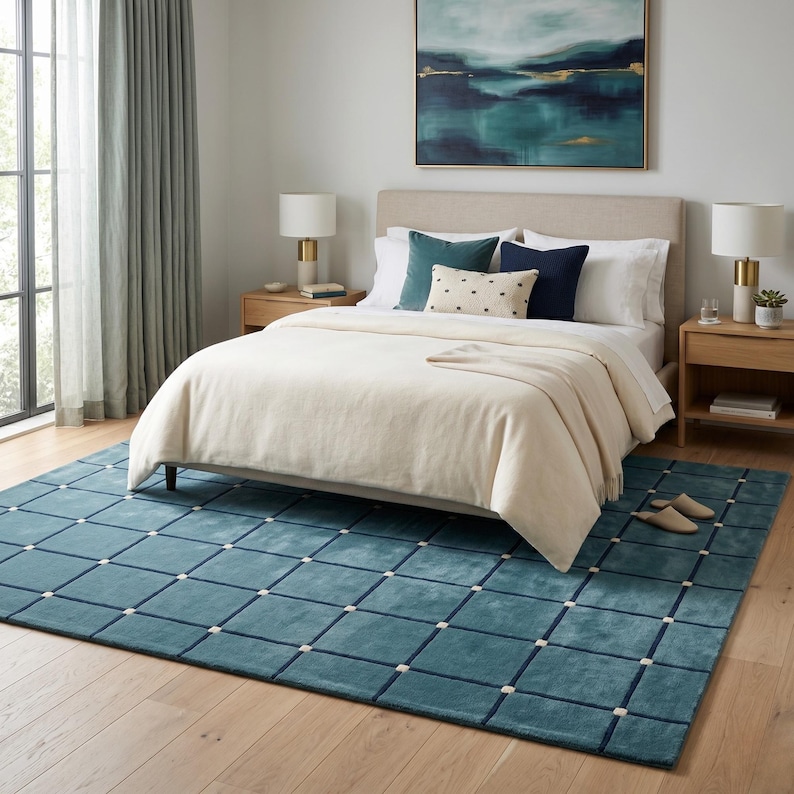 May include: A bedroom scene featuring a teal blue rug with a grid pattern, a bed with a cream-colored comforter, and decorative pillows. Two bedside tables with lamps flank the bed. A painting hangs above the bed, and the room has hardwood floors and curtains.
