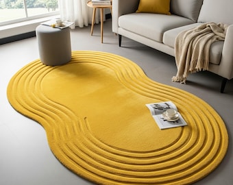 Mustard Yellow Hand-Tufted Wool Rug | Irregular Shape 3D High Pile Carpet