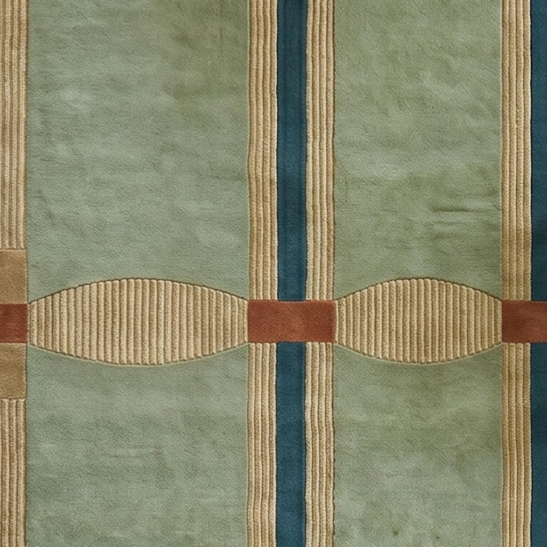Puede incluir: Primer plano de un textil estampado con un fondo verde apagado, rayas verticales beige y turquesa, y bandas horizontales marrones y beige. El dise&ntilde;o tiene una apariencia texturizada.