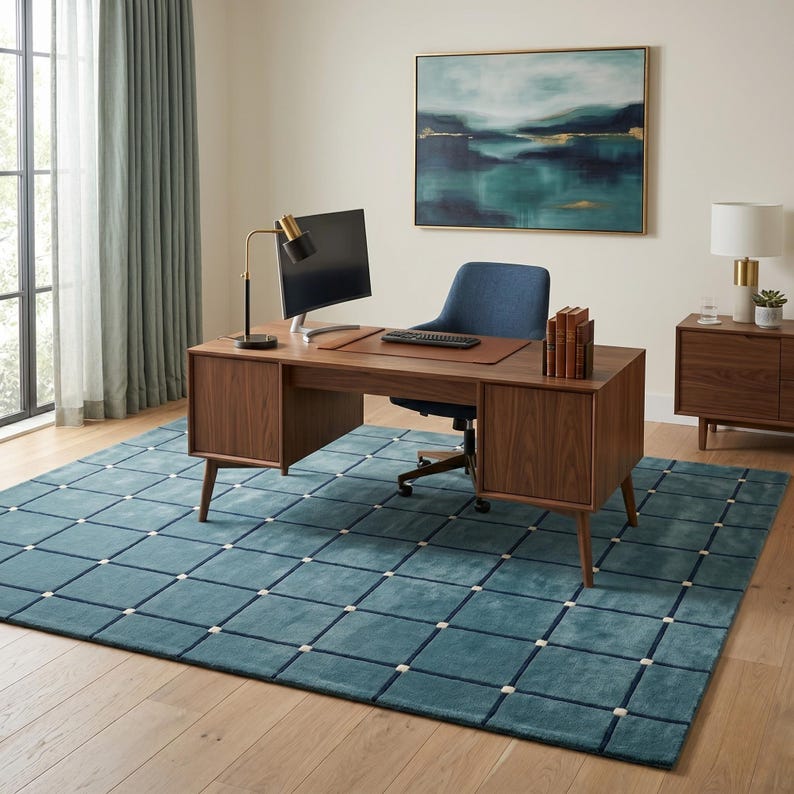 May include: A modern home office setup featuring a wooden desk with a computer, a blue chair, and a teal rug with a grid pattern. A painting hangs on the wall above the desk, and a lamp sits on the desk. A matching cabinet is to the right.