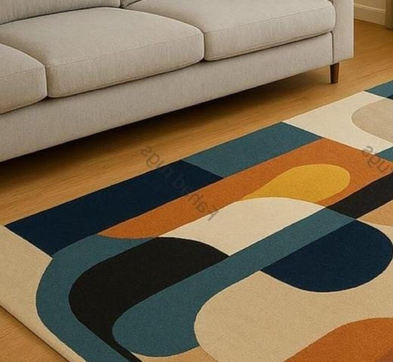 Hand tufted wool rug geometric mid-century modern art rug for colorful living rug