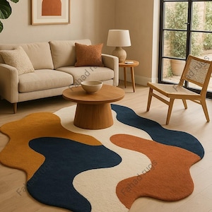 Hand Tufted Wool Area Rug: Modern Wavy Abstract Rug – Irregular Shaped Navy, Beige & Rust Carpet, Contemporary Living Room Floor Decor 8x10