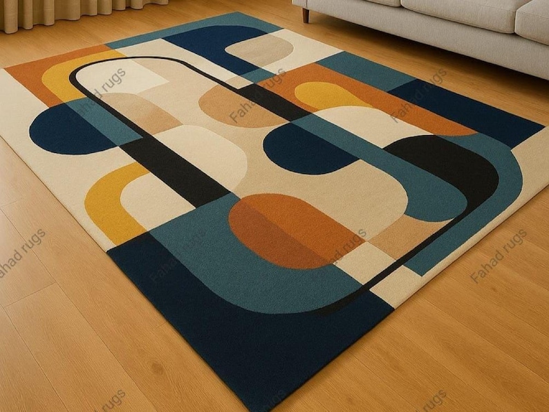 Hand tufted wool rug geometric mid-century modern art rug for colorful living rug