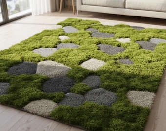 Alfombra de musgo con textura 3D para suelo de bosque, de lana de pelo alto / Decoración acogedora inspirada en la naturaleza