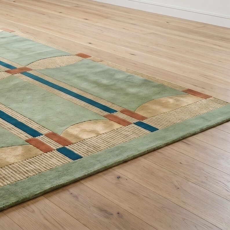 Puede incluir: Una alfombra rectangular con un dise&ntilde;o geom&eacute;trico. La alfombra presenta un fondo verde claro con bordes verdes oscuros. Tiene rayas azules y &oacute;xido y formas semicirculares. La alfombra est&aacute; colocada sobre un suelo de madera clara.
