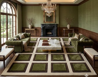Modern Geometric Grid Area Rug, Olive Green & Beige Square Pattern Wool Carpet, Custom Hand Tufted Rug for Living Room, Bedroom 8x10, 9x12