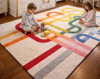 Rainbow Area Rug Kids Room Carpet: Colorful Geometric Playroom Rug Nursery Decor
