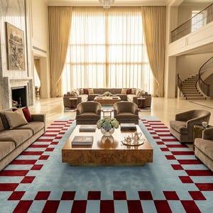 May include: A large rectangular area rug featuring a light blue center and a border of alternating dark red and light blue rectangular blocks. The rug is placed in a spacious living room with beige furniture, a wooden coffee table, and a chandelier.