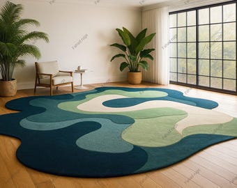 Alfombra de lana tejida a mano, forma orgánica irregular, alfombra escandinava verde azul.