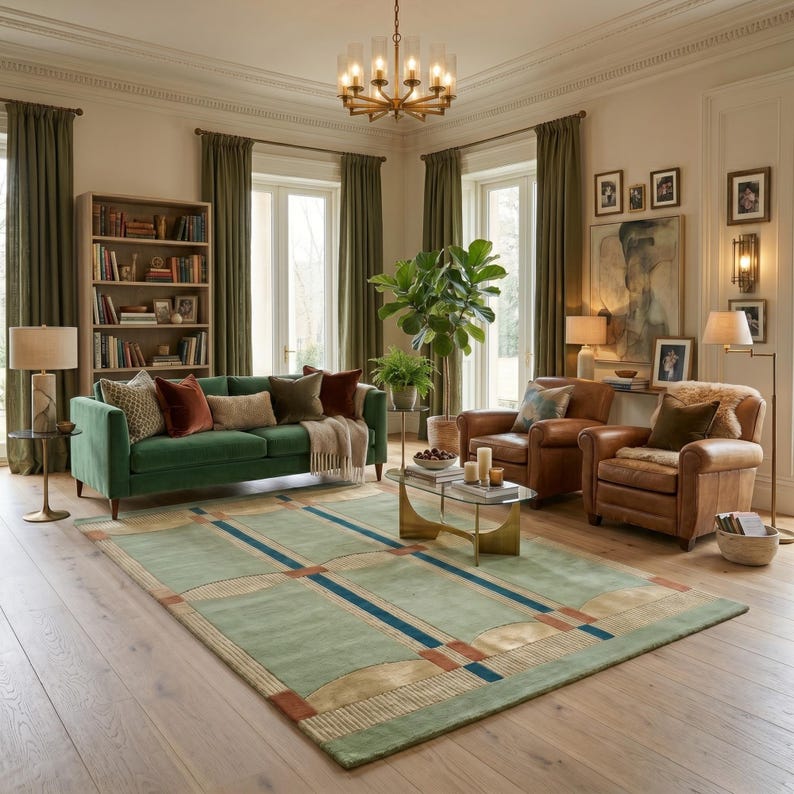 Large sage green area rug with geometric grid pattern, muted teal stripes, terracotta accents, cream textured borders, and rounded gold corner details. Contemporary Art Deco–inspired wool rug in a spacious living room with wood floors.