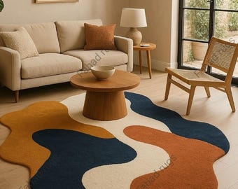 Hand-Tufted Wool Rug, Abstract Wavy Carpet, Organic Shape Decor, Modern Living Room Rug
