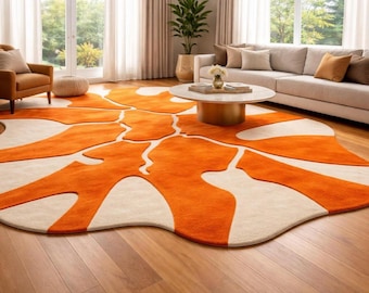 Irregular rug Wool Orange Cream: Hand Tufted 3D High Low Pile Modern Area Carpet