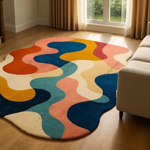 Hand Tufted Wool Rug: Pink & White Scalloped Irregular Design