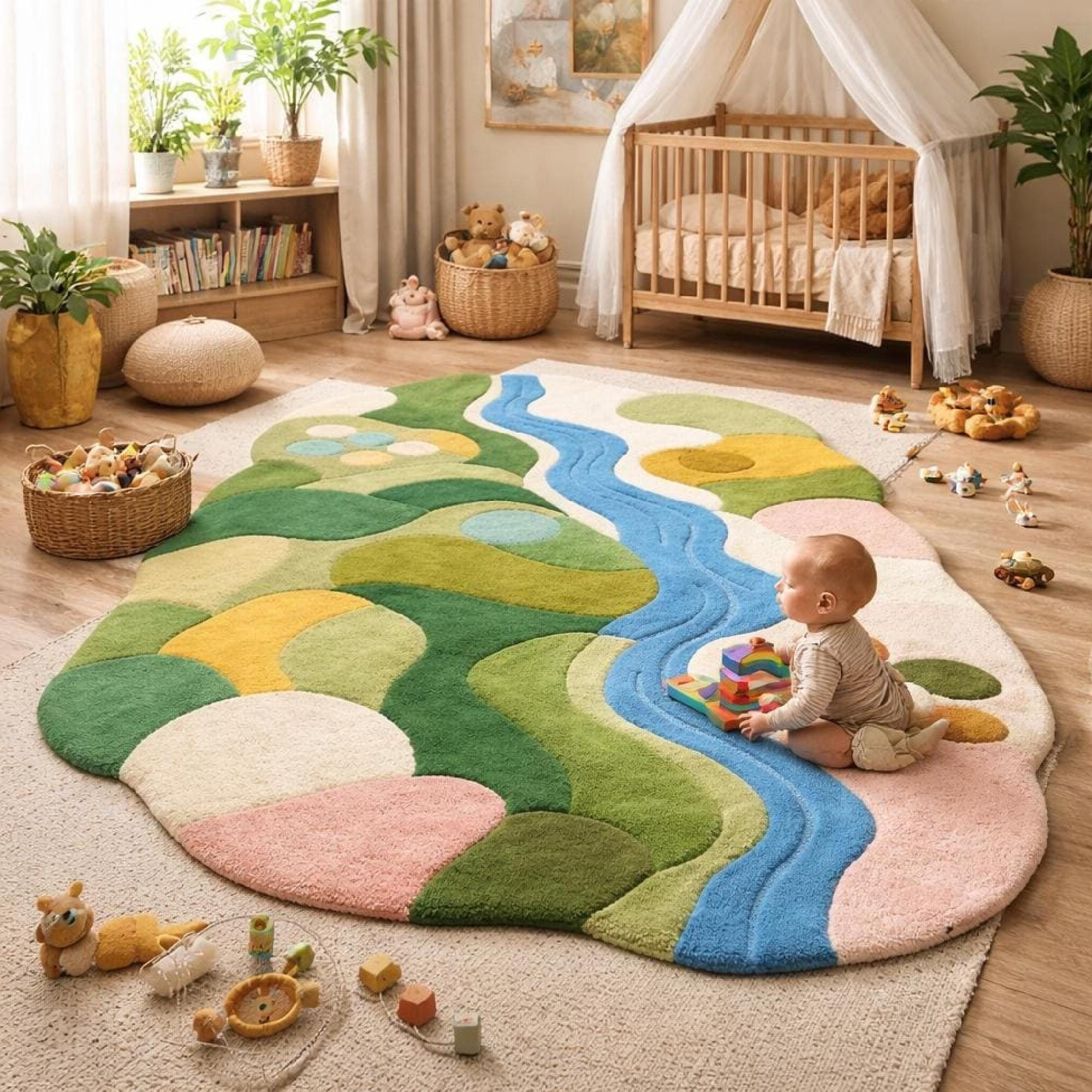 Play Area Rug Design Abstract River Hills Play Rug | Irregular Boho Nursery Carpet ...