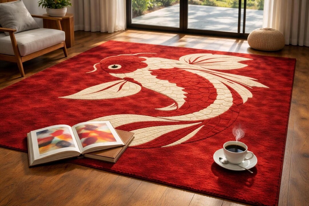 Red Koi Rug Hand-tufted Koi Fish Wool Rug, Deep Red Asian Animal Carpet, Textured ...