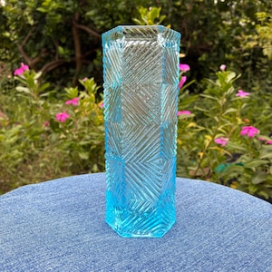 Vintage Czech Sklo Union Style Pressed Glass Vase  Geometric Chevron Design, Mid Century Modernist, 1960s