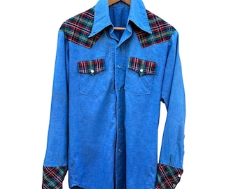 Vintage blauw chambray westernshirt met pareldruk geruite juk Rockabilly merkloos