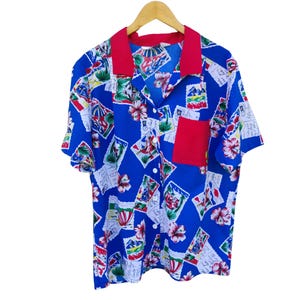 Chemise hawaïenne vintage des années 80 Cricket lane Island Vacation carte postale