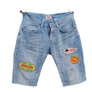 Vintage Edwin Distressed Denim Shorts with Retro Surf Patches