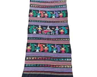 Vintage Guatemalan Hand Woven Tapestry  Mayan Textile – Colorful Birds &  Cat