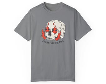 Camiseta de calavera "Todo está bien": camiseta gráfica con calavera en llamas, unisex, colores cómodos, estética gótica alternativa, camiseta de Halloween
