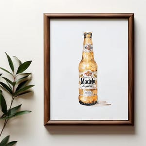 May include: A watercolour painting of a bottle of Modelo Especial beer. The bottle is brown glass with a gold label and a white cap. The background is white.