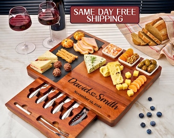 Charcuterie Board Personalized, Engraved Engagement Present, Gift for Wedding, Housewarming, Bridal Shower, Couple, Unique Mothers Day Gift