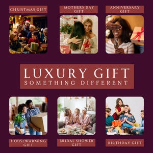 K&ouml;nnte beinhalten: Eine Collage aus sechs Fotos, die Menschen beim Geschenkeaustausch zeigen, mit Text&uuml;berlagerungen wie CHRISTMAS GIFT, MOTHERS DAY GIFT, ANNIVERSARY GIFT, LUXURY GIFT SOMETHING DIFFERENT, HOUSEWARMING GIFT, BRIDAL SHOWER GIFT und BIRTHDAY GIFT.