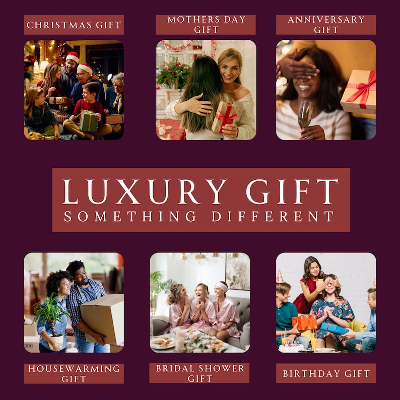 K&ouml;nnte beinhalten: Eine Collage aus sechs Fotos, die Menschen beim Geschenkeaustausch zeigen, mit Text&uuml;berlagerungen wie CHRISTMAS GIFT, MOTHERS DAY GIFT, ANNIVERSARY GIFT, LUXURY GIFT SOMETHING DIFFERENT, HOUSEWARMING GIFT, BRIDAL SHOWER GIFT und BIRTHDAY GIFT.