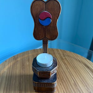 Hand-Carved Korean Candle Holder: Taegeuk Symbol Wooden Altar Decor