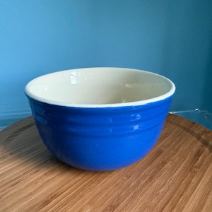Vintage Oxford Stoneware Mixing Bowl | Cobalt Blue Ceramic Bowl, 7&quot; Wide | 1960s–70s Kitchen Crock, USA Pottery