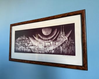 Signed Brno Cityscape Print, Mid Century Modern Architectural Wall Art, Black White Graphic Artwork