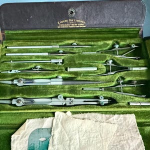 Vintage Eugene Dietzgen Drafting Tool Set – Complete Engineering Compass Kit in Original Velvet Case – Architect’s Precision Instruments