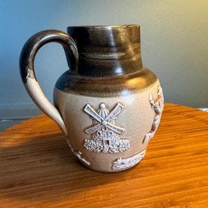 Vintage Bourne Denby Pitcher - Two-Tone Stoneware with Windmill & Tree Relief | Mid-Century Farmhouse Decor | Rustic Cottage Charm