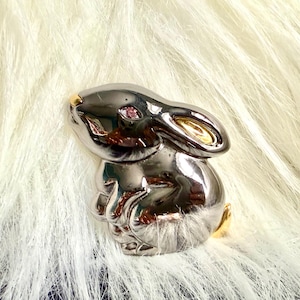 Vintage Liz Claiborne Bunny Brooch – Silver & Gold Tone Rabbit Pin with Pink Rhinestone Eye, 1980s-90s Whimsical Jewelry