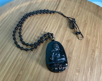 Black Carved Buddha Pendant Necklace, Boho Spiritual Meditation Jewelry