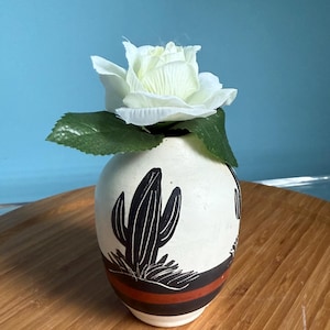 Small Desert Pueblo Pottery Bud Vase – Signed Handmade and Hand-Painted Cactus Art – Southwest Pottery, USA-Made