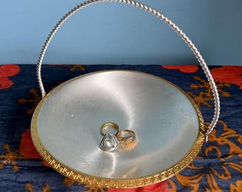 Vintage West Germany Silverplate Trinket Dish, Greek Key Vanity Tray, DMF Jewelry Holder