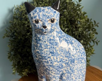 Vintage Blue Ceramic Cat Figurine, Large Spongeware Style Folk Art Cat