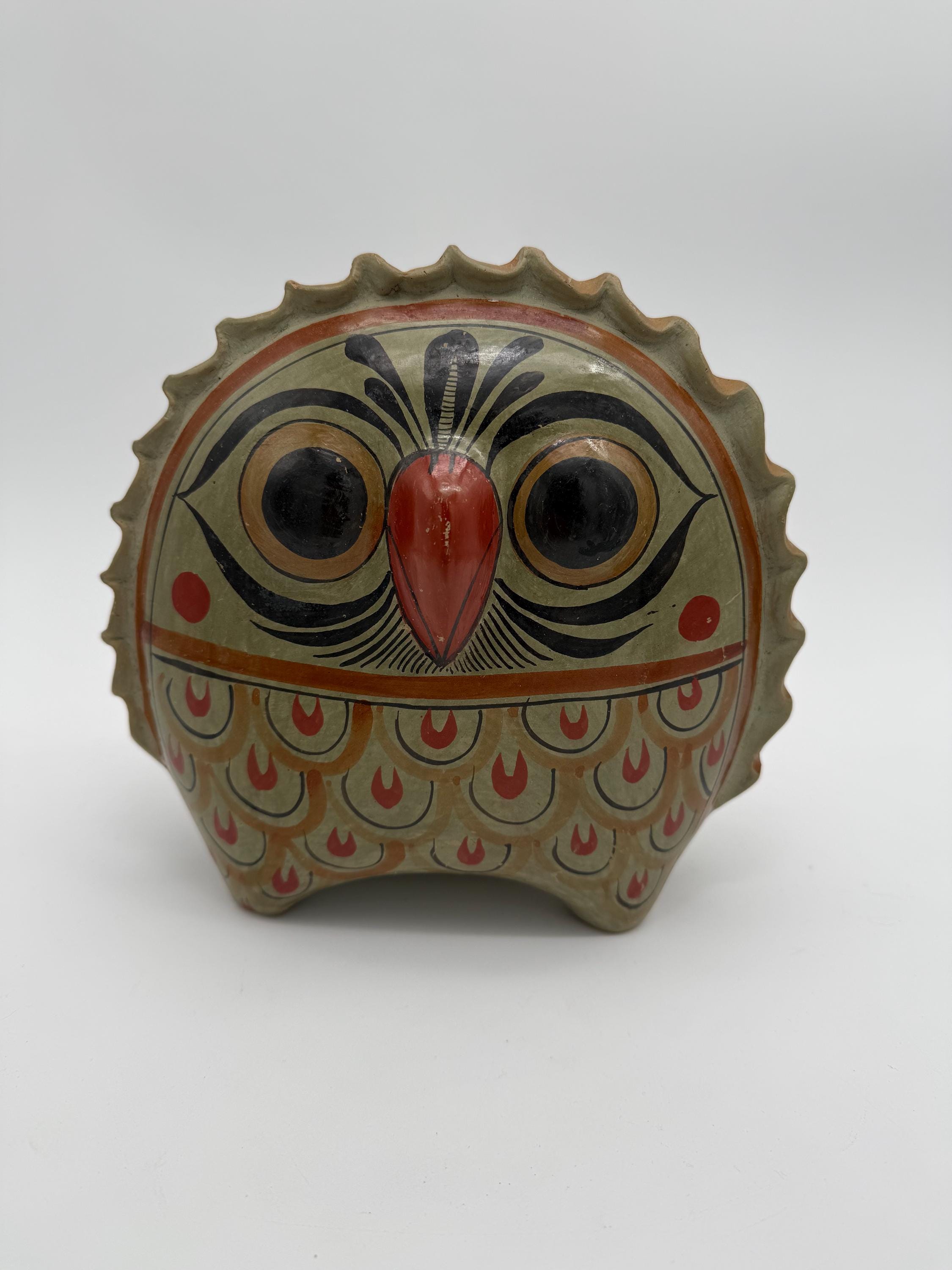 Handmade vintage round shaped spiky owl figurine, Mexican folk art