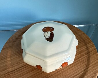 Vintage Octagon Ceramic Mushroom Dish with Lid, Whimsical Woodland Cottagecore Charm, Hand-Painted