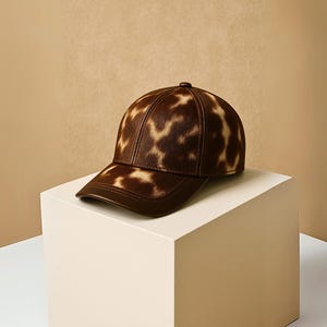 Könnte beinhalten: Eine braune und beige Baseballkappe mit einem gefleckten Muster. Die Kappe hat einen gebogenen Schirm und einen Knopf oben. Der Hut wird auf einem weißen Würfel vor einem neutralen Hintergrund präsentiert.
