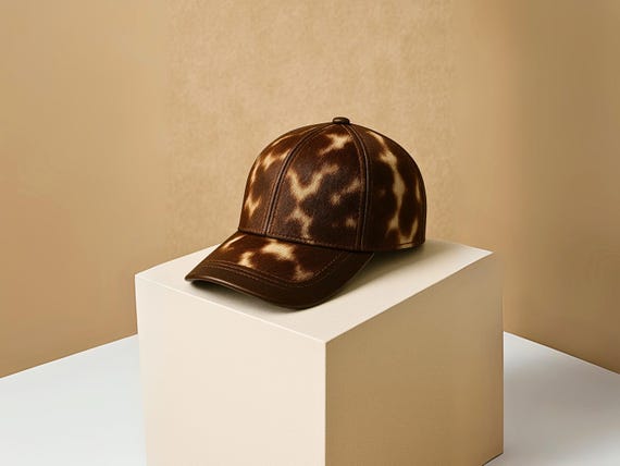 Genuine Cowhide Leather Baseball Cap | Brown & White Hair-On Hide Hat | Handmade Adjustable Western Country Style Cap for Men