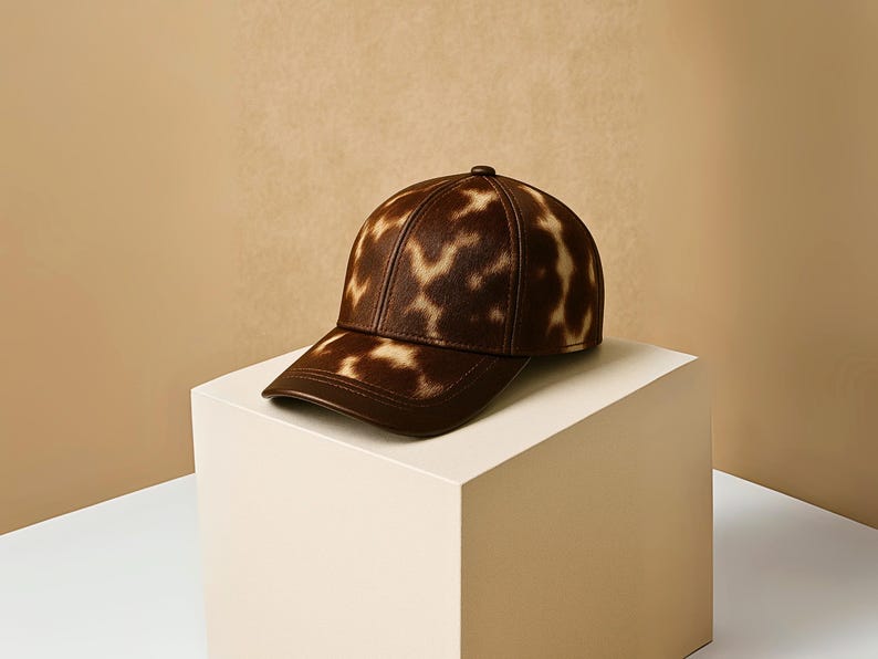 May include: A brown and tan baseball cap with a spotted pattern. The cap has a curved brim and a button on top. The hat is displayed on a white cube against a neutral background.