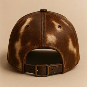 May include: A brown baseball cap with a cowhide pattern. The cap features a leather strap with a metal buckle for adjustment. The top of the cap has a small, round button. The hat is made of leather and fur.