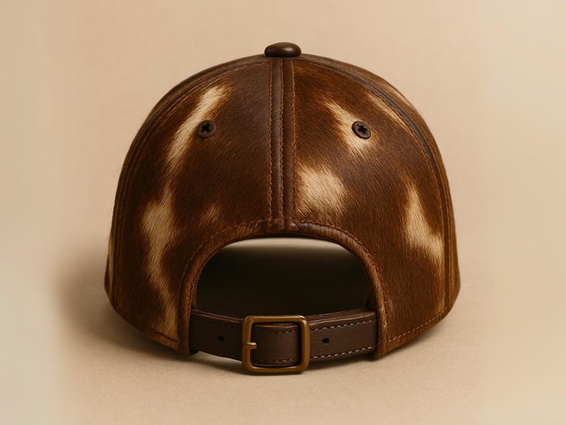 May include: A brown baseball cap with a cowhide pattern. The cap features a leather strap with a metal buckle for adjustment. The top of the cap has a small, round button. The hat is made of leather and fur.