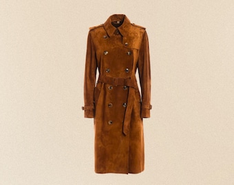 Women’s Double-Breasted Suede Leather Brown Haddington Trench Coat | Elegant Sepia Brown Suede Jacket | Long belted suede overcoat
