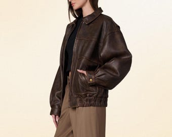 1980s Oversized Brown Leather Jacket Vintage Distressed Real Sheepskin Retro Bomber Womens Boxy Fit Handmade Coat
